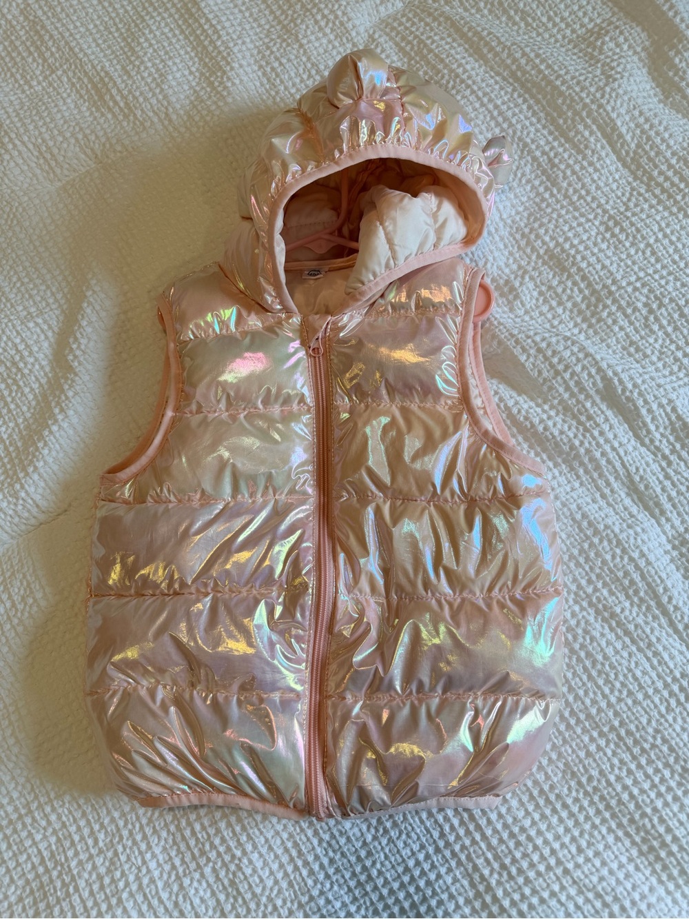 Toddler Puffer Zip Up Pink Bear Hooded Vest